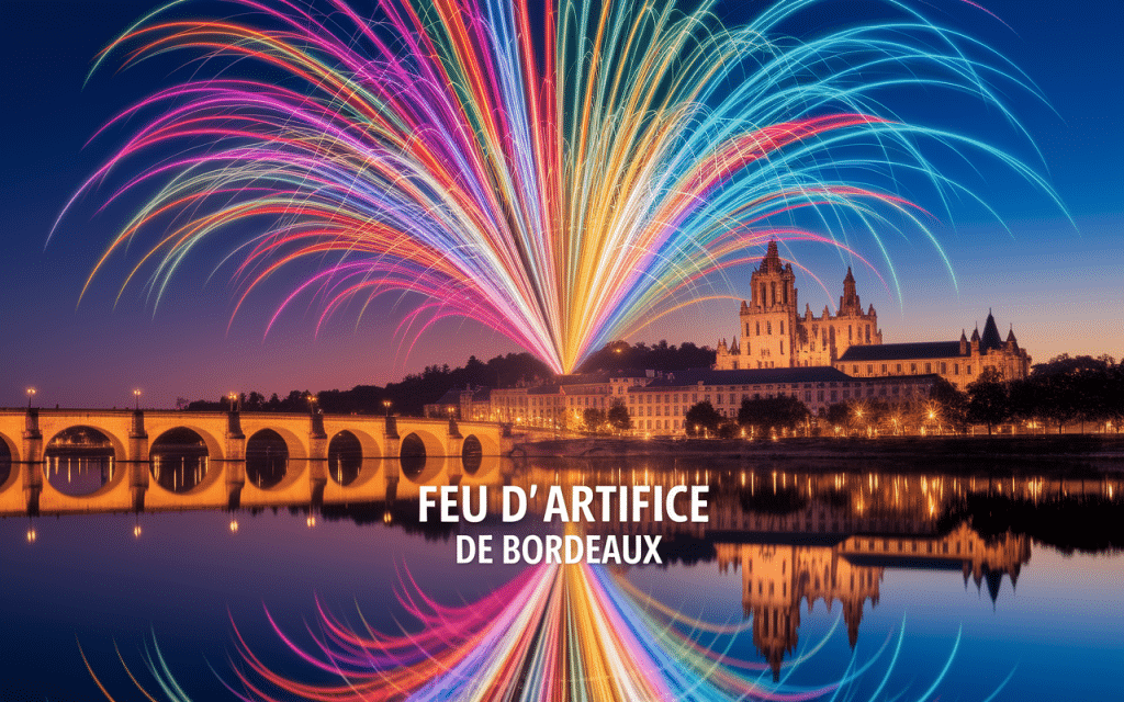 Feu d'artifice coloré au-dessus de Bordeaux et de la Garonne