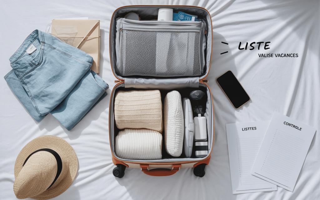 Valise ouverte avec liste de contrôle et objets de voyage organisés