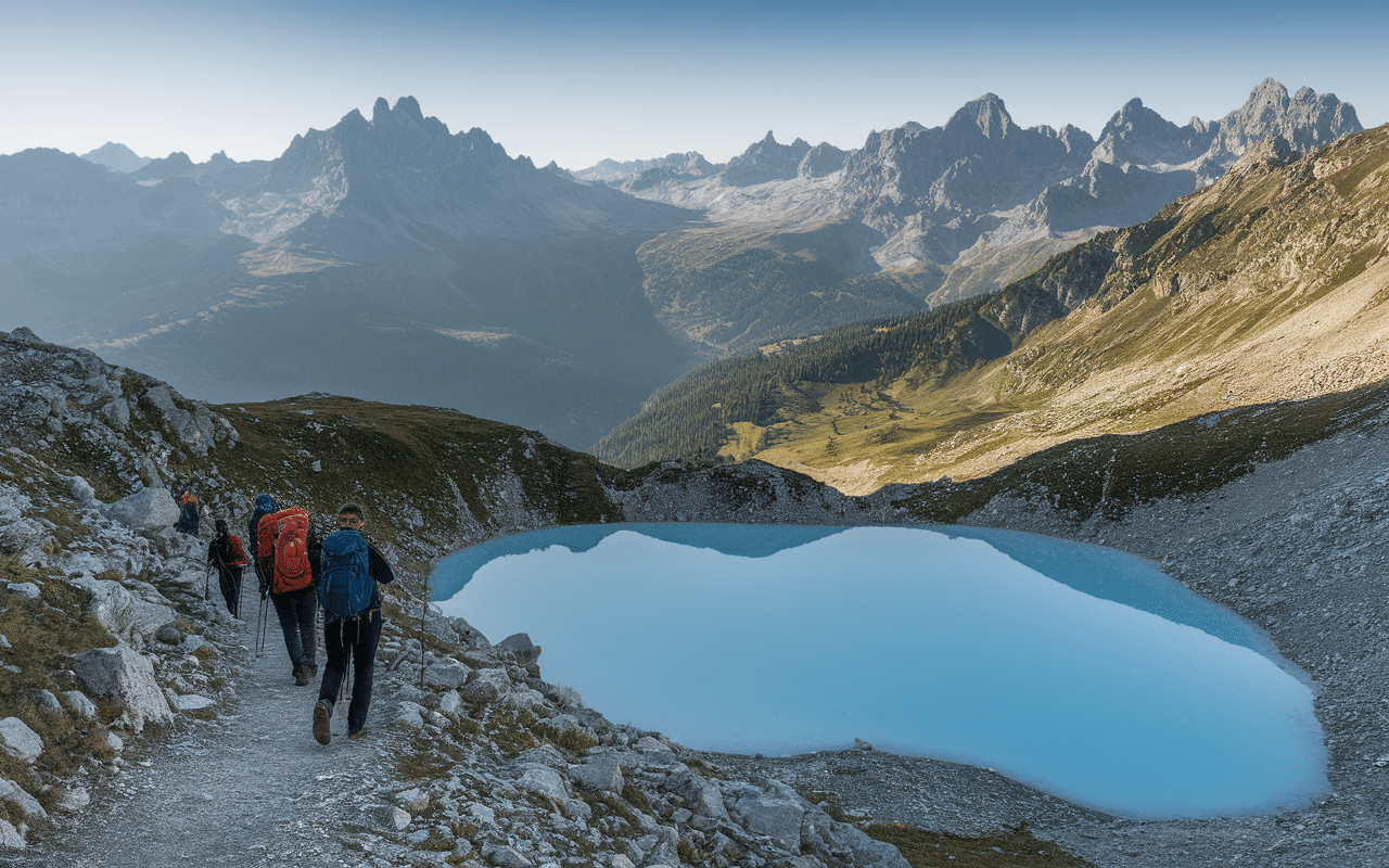 Sentier randonnée vers Lac Blanc avec massif Mont-Blanc