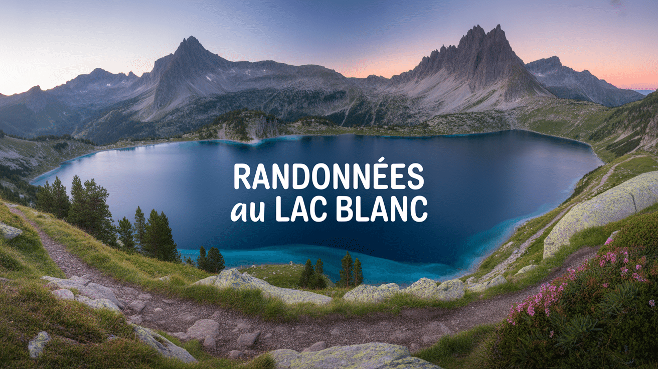 Sentier de randonnée avec lac de montagne et sommets enneigés