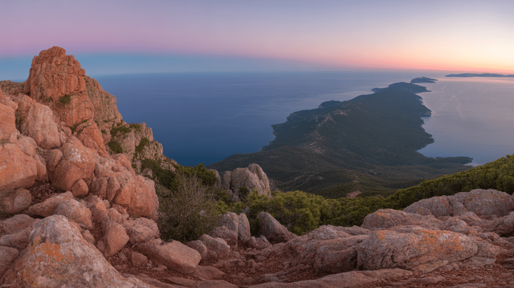 Sommet mont Vinaigre, roches rouges, mer Méditerranée