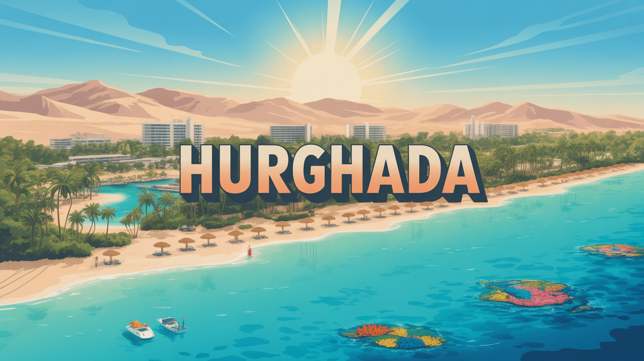 Panorama aérien de Hurghada, côte égyptienne, récifs coralliens, plages dorées