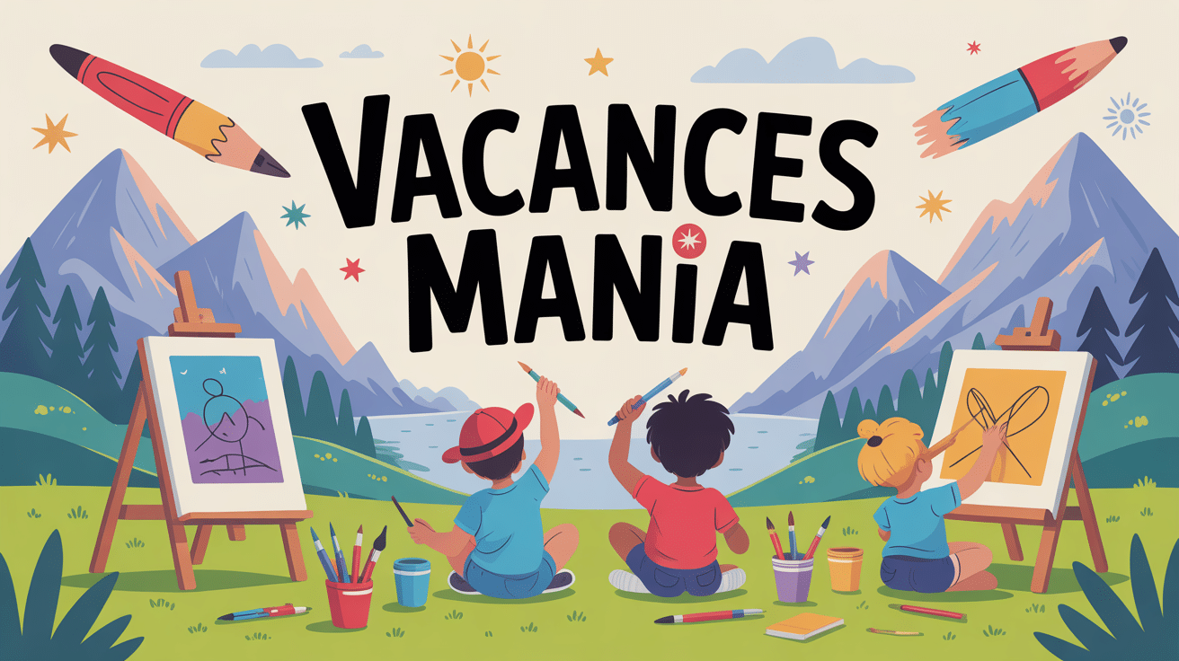Enfants artistes en vacances, paysage montagneux, matériel créatif